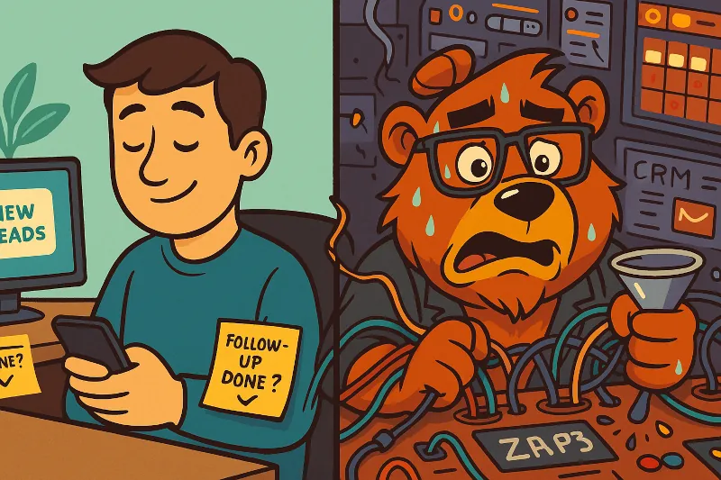 Split-screen illustration showing a calm client happily checking leads on their phone, while behind the scenes a stressed cartoon bear frantically manages a tangled mess of wires labeled “Zap,” “CRM,” and “Funnels” — revealing the hidden complexity marketers face to deliver a smooth lead experience.