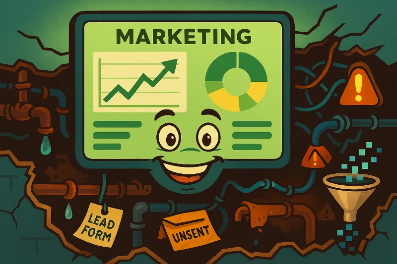 Smiling marketing dashboard displays upward trends and pie charts above a hidden mess of leaking pipes, error signs, and unsent lead forms — visually exposing the contrast between surface-level campaign metrics and the broken backend systems that sabotage real results.
