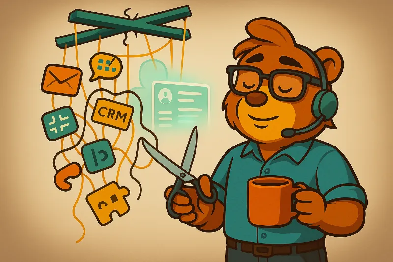 Cartoon bear wearing a headset, calmly smiling while cutting tangled puppet strings labeled with disconnected tools like CRM, email, and calendar apps — symbolizing the freedom and control gained by replacing scattered software with a unified system.