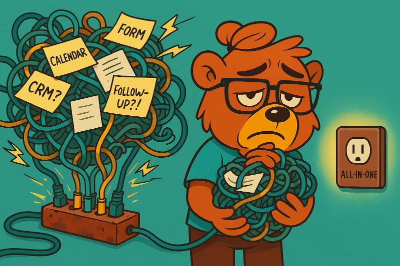 Frustrated cartoon bear holding a tangled mess of cables labeled with tasks like “CRM?”, “Form,” “Calendar,” and “Follow-up?” while staring at a glowing wall outlet labeled “All-in-One” — symbolizing the complexity of scattered marketing tools versus the simplicity of a unified solution.