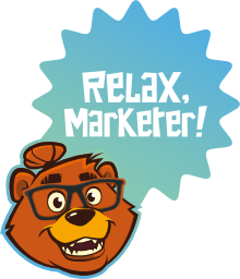 Relax, Marketer! brand logo – a friendly cartoon bear with glasses