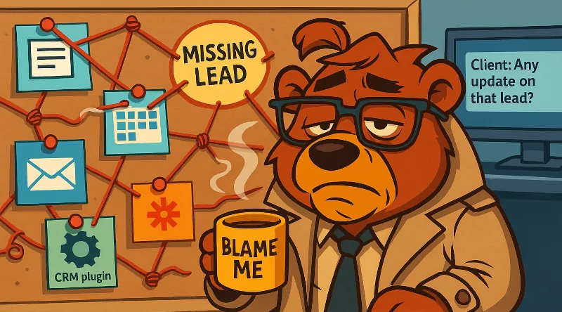 Exhausted cartoon bear in a trench coat holding a coffee mug labeled “Blame Me,” sitting in front of a crime board connecting scattered marketing tools with red string and a central note that says “Missing Lead” — while a client message on a monitor asks, “Any update on that lead?” symbolizing the unfair blame marketers get for broken systems.