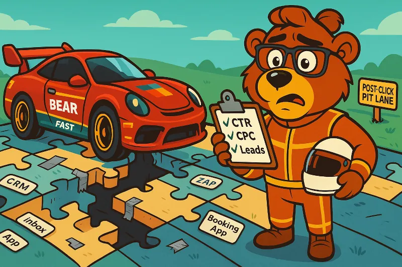 Illustration of a cartoon bear in racing gear holding a clipboard with checked-off ad metrics (CTR, CPC, Leads), standing beside a fast car labeled “BEAR” that’s stuck mid-track due to broken puzzle pieces labeled CRM, inbox, ZAP, and booking app — symbolizing a high-performing campaign disrupted by post-click tech fragmentation.