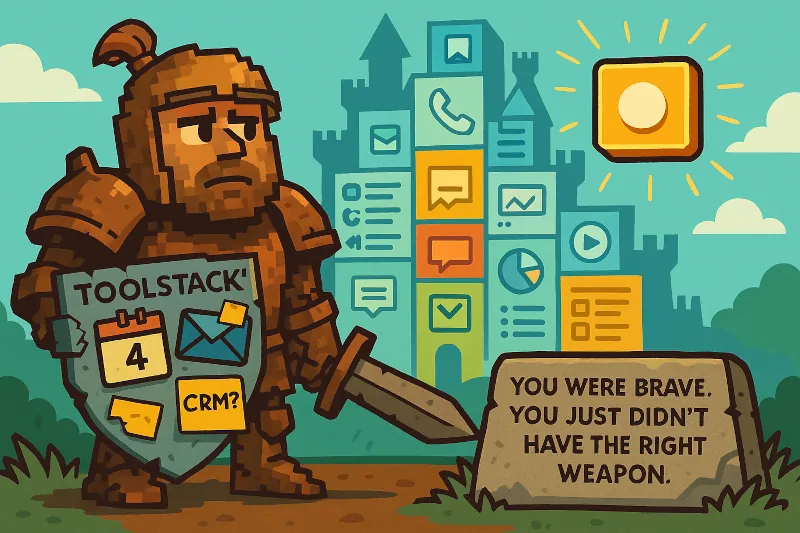 Pixel-art style cartoon of a weary knight holding a broken shield labeled “Toolstack” and a dull sword, standing before a modern castle built of integrated marketing tools, with a glowing symbol in the sky and a stone that reads, “You were brave. You just didn’t have the right weapon.” — symbolizing the struggle of marketers using outdated or fragmented systems.