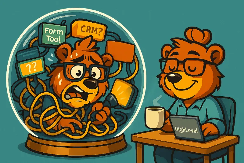 Side-by-side cartoon bears: one trapped inside a tangled mess of disconnected marketing tools like form builders and CRMs, visibly stressed; the other relaxed, sipping coffee while working calmly on a laptop labeled “HighLevel” — illustrating the before-and-after of switching to an all-in-one platform.