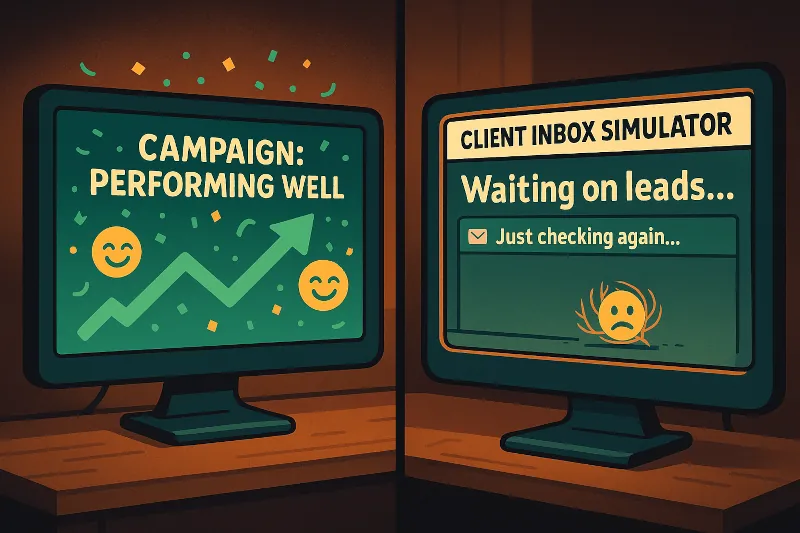Split-screen of two computer monitors: the left shows a happy chart labeled “Campaign: Performing Well” with rising metrics and smiley faces, while the right shows a “Client Inbox Simulator” stuck on “Waiting on leads...” with a tumbleweed and sad face — illustrating the gap between ad success and lead delivery.