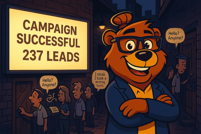 Cartoon bear in a blazer smiling confidently under a glowing sign that says “Campaign Successful — 237 Leads,” while confused people wander nearby in a dark alley asking “Hello? Anyone?” — highlighting the disconnect between ad performance and poor post-click experience.
